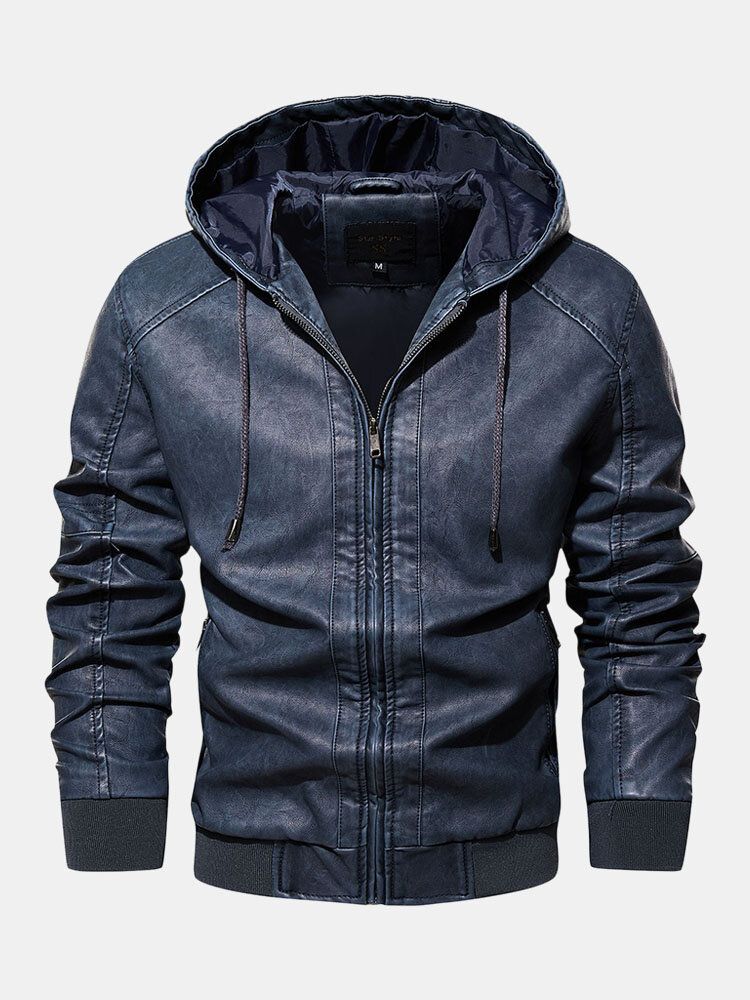 Män Pu Bokstav Elastisk Fåll Dragsko Hooded Zipper Jackor