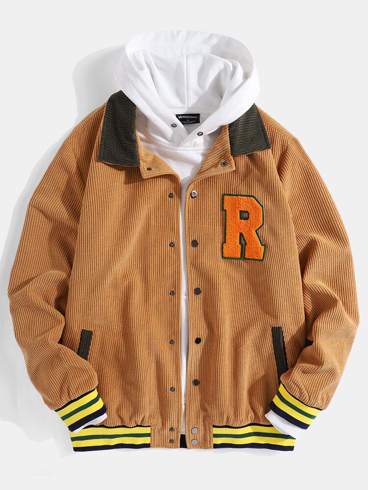 Retro Fleece R Corduroy Lapel Casual Varsity Jacka