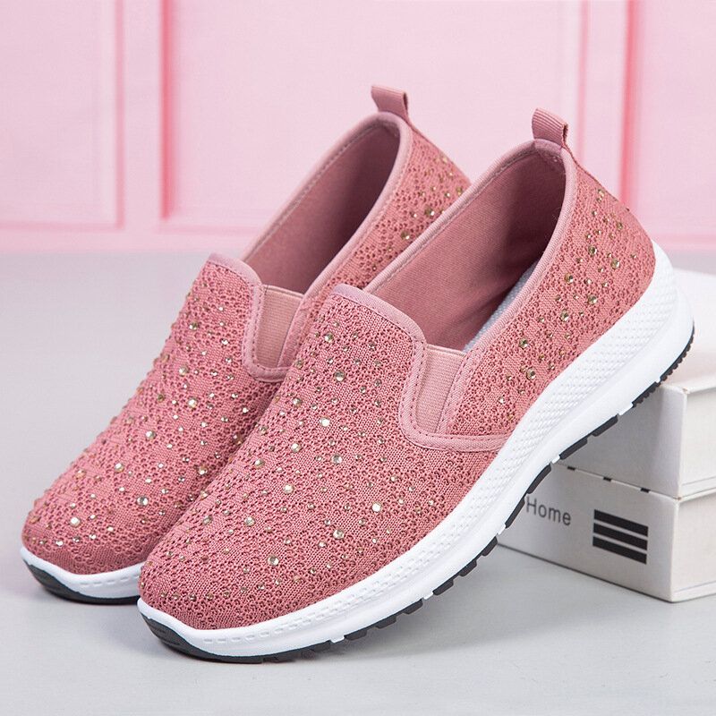 Dam Casual Rhinestone Andas Stickade Mjuka Platta Promenadsneakers