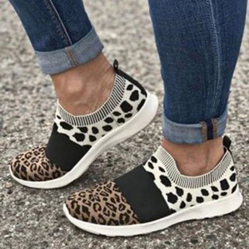 Damer Large Mesh Andas Leopardmönster Elastiskt Band Slip On Sneakers