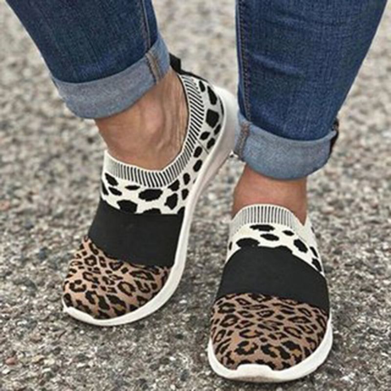 Damer Large Mesh Andas Leopardmönster Elastiskt Band Slip On Sneakers