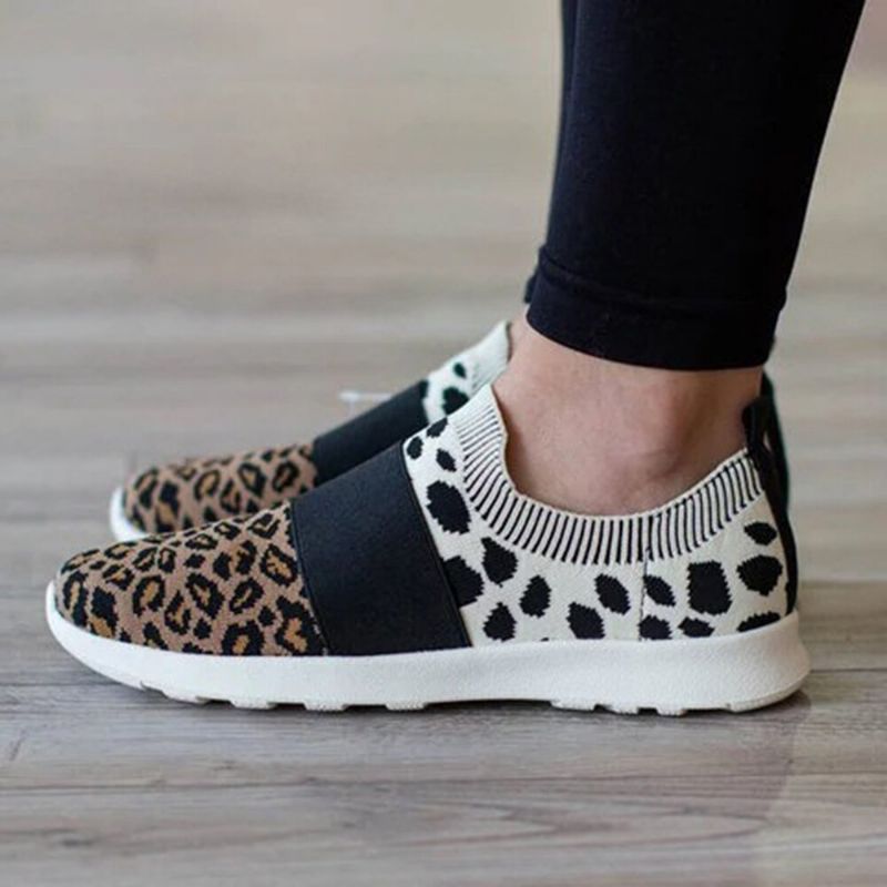 Damer Large Mesh Andas Leopardmönster Elastiskt Band Slip On Sneakers