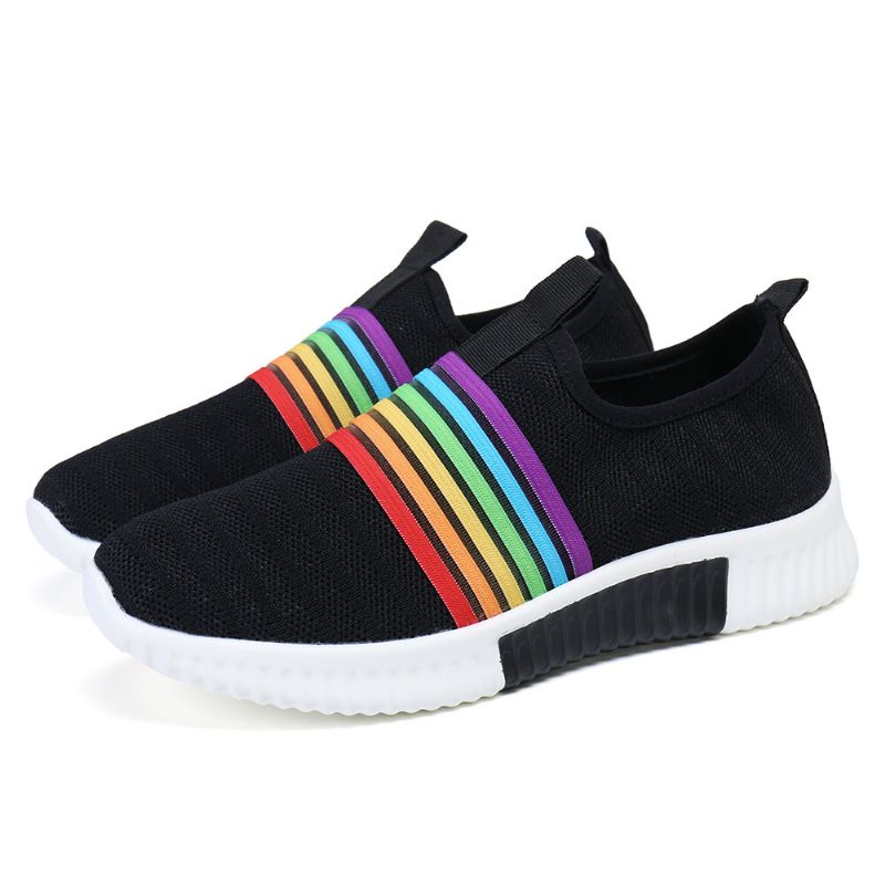 Plus Size Dam Rainbow Stripe Stickade Andningsbara Casual Walking Skor