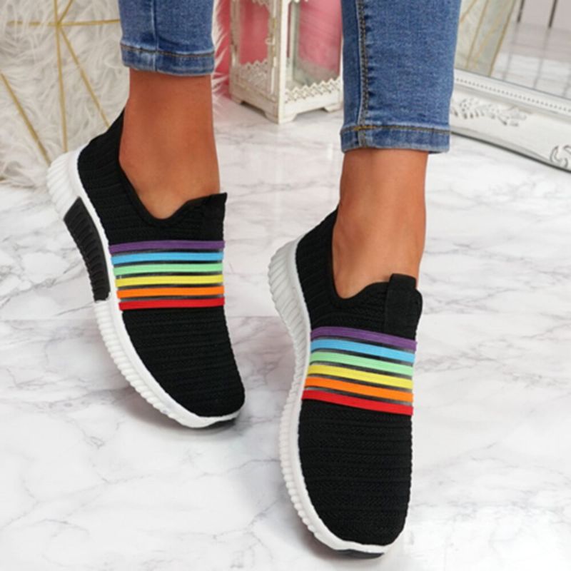 Plus Size Dam Rainbow Stripe Stickade Andningsbara Casual Walking Skor