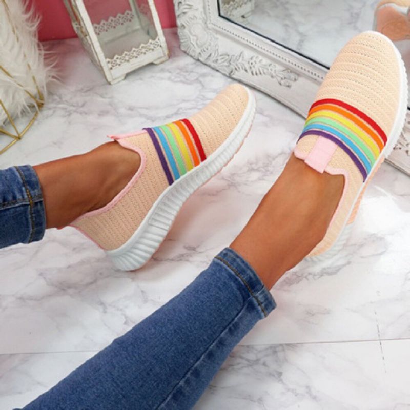 Plus Size Dam Rainbow Stripe Stickade Andningsbara Casual Walking Skor