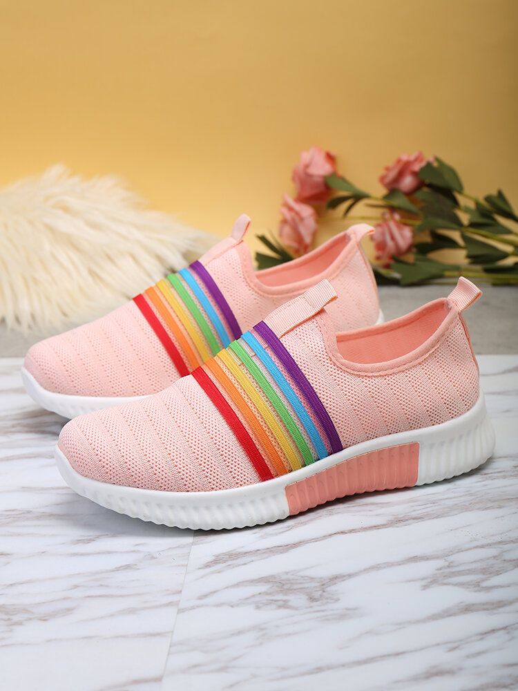 Plus Size Dam Rainbow Stripe Stickade Andningsbara Casual Walking Skor