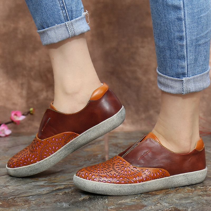 Retro Läder Cutout Skarvsömmar Slip On Flat Sneakers