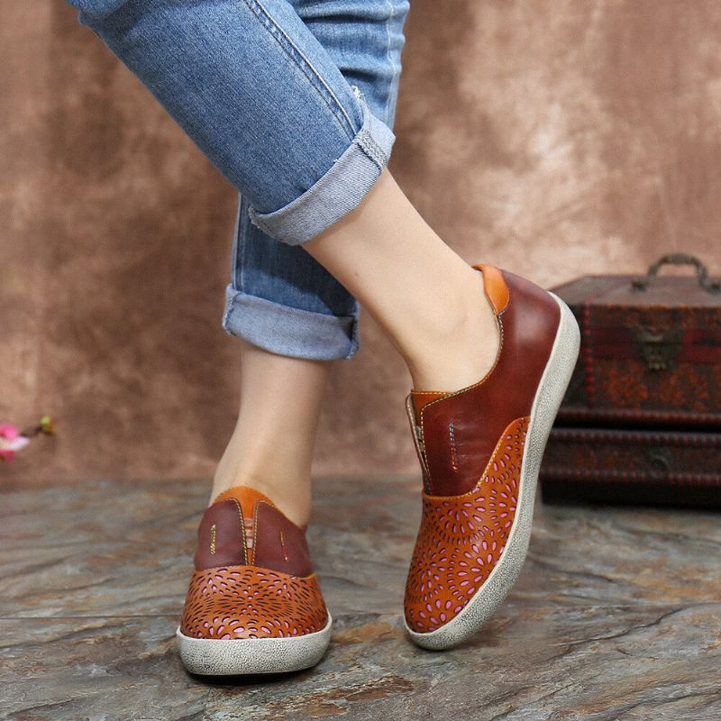 Retro Läder Cutout Skarvsömmar Slip On Flat Sneakers