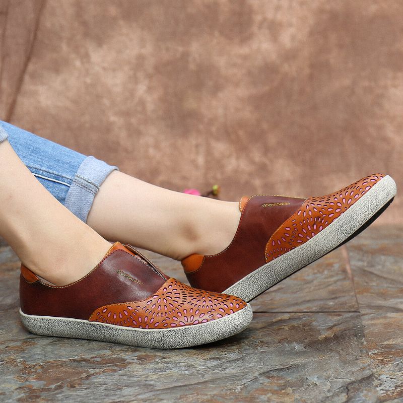 Retro Läder Cutout Skarvsömmar Slip On Flat Sneakers