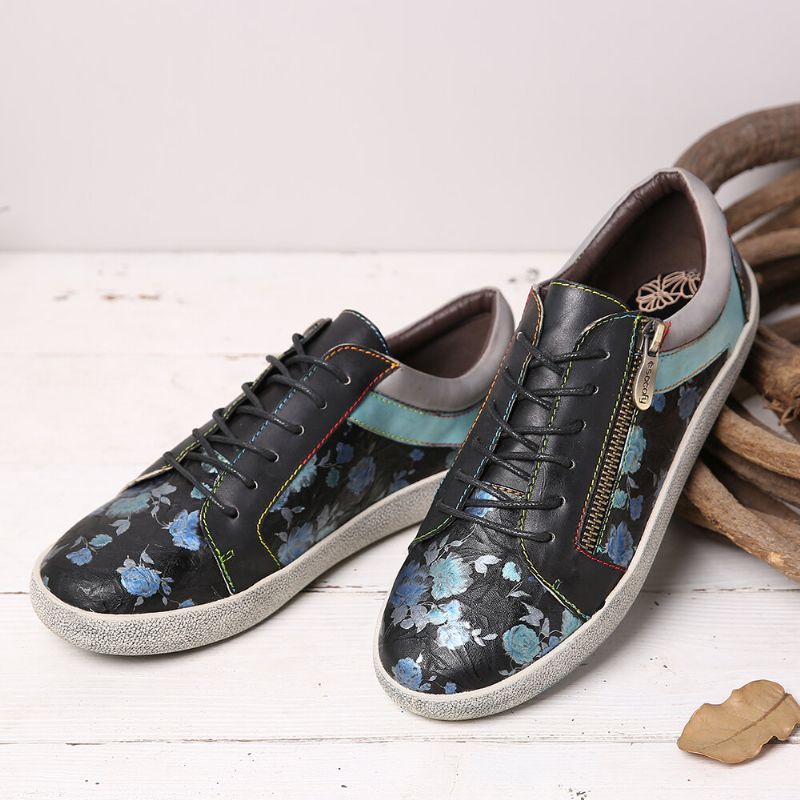 Retro Lädertrycksmönster Sömnad Blixtlås Snöra Flat Sneakers