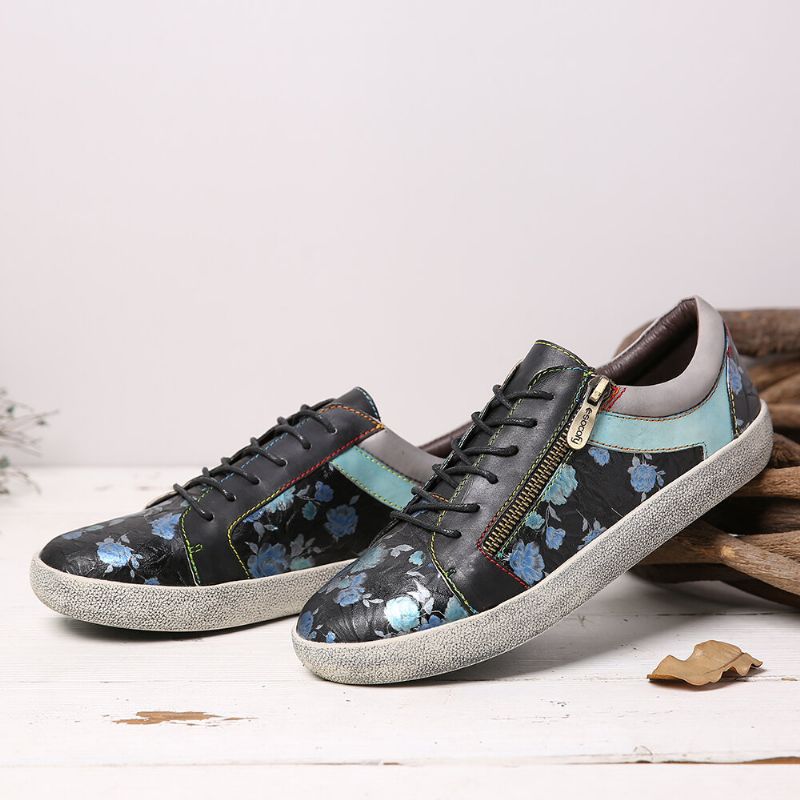 Retro Lädertrycksmönster Sömnad Blixtlås Snöra Flat Sneakers