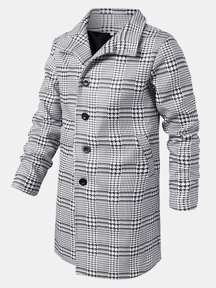 Houndstooth-slagslag För Män Enkelknäppta Mellanlånga Trenchcoats