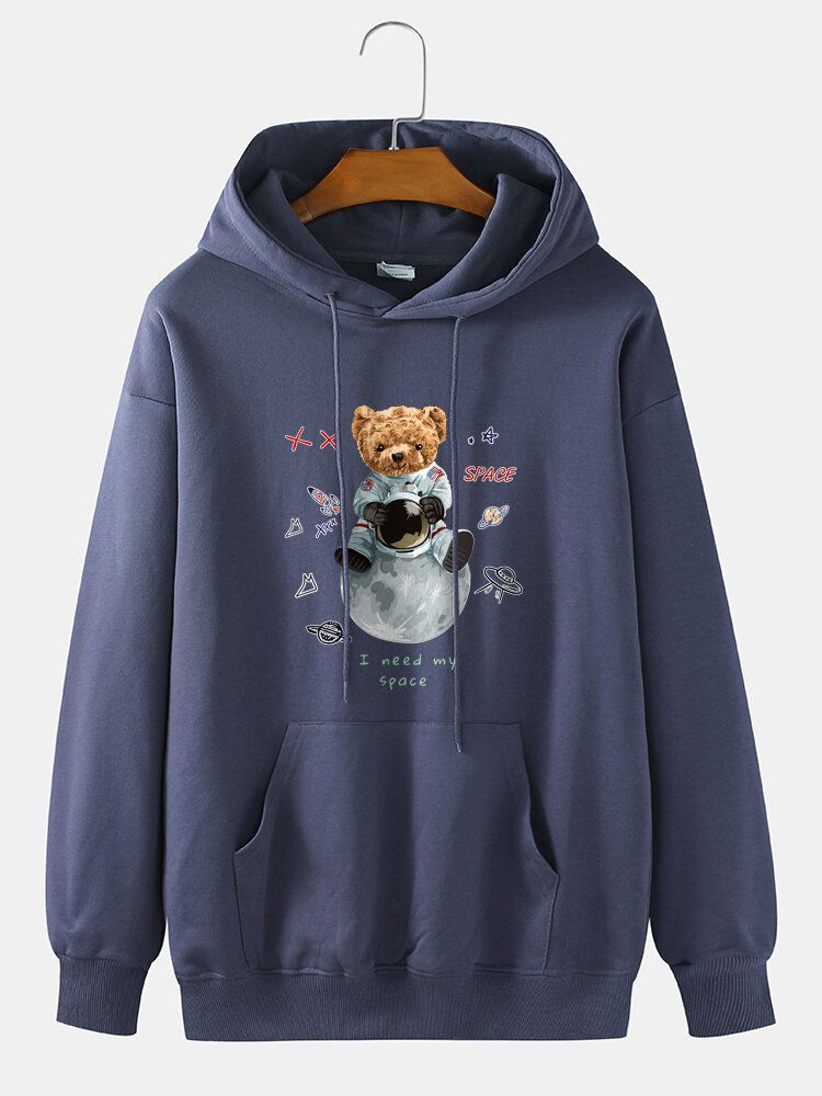 Astronaut 100% Bomull För Herrar Bear Print Drop Shoulder Hoodie Med Ficka