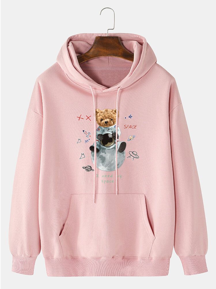 Astronaut 100% Bomull För Herrar Bear Print Drop Shoulder Hoodie Med Ficka