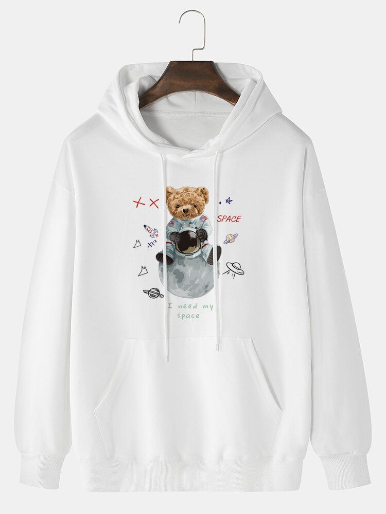 Astronaut 100% Bomull För Herrar Bear Print Drop Shoulder Hoodie Med Ficka