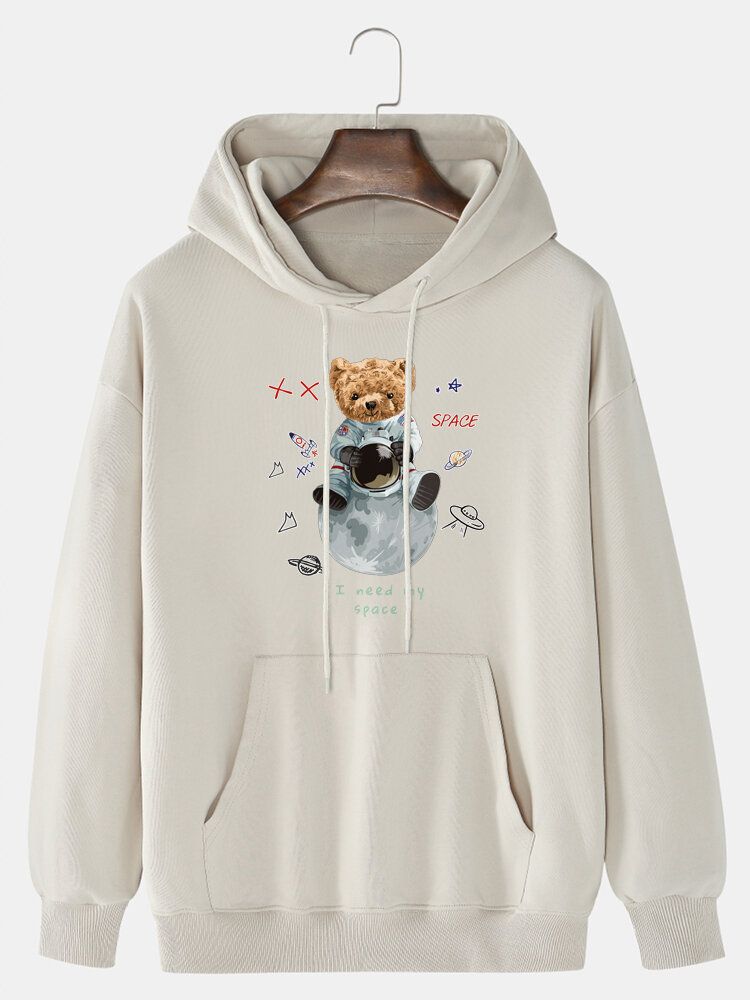 Astronaut 100% Bomull För Herrar Bear Print Drop Shoulder Hoodie Med Ficka