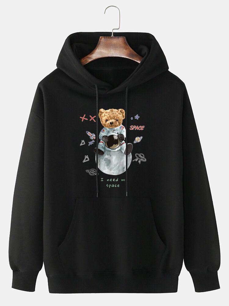 Astronaut 100% Bomull För Herrar Bear Print Drop Shoulder Hoodie Med Ficka