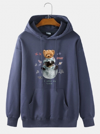 Astronaut 100% Bomull För Herrar Bear Print Drop Shoulder Hoodie Med Ficka