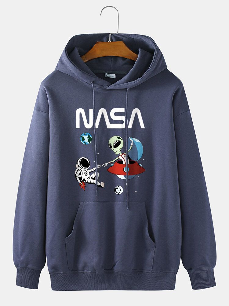 Astronaut Alien Tecknat Tryck För Män 100% Bomull Casual Lös Tröja Luvtröja