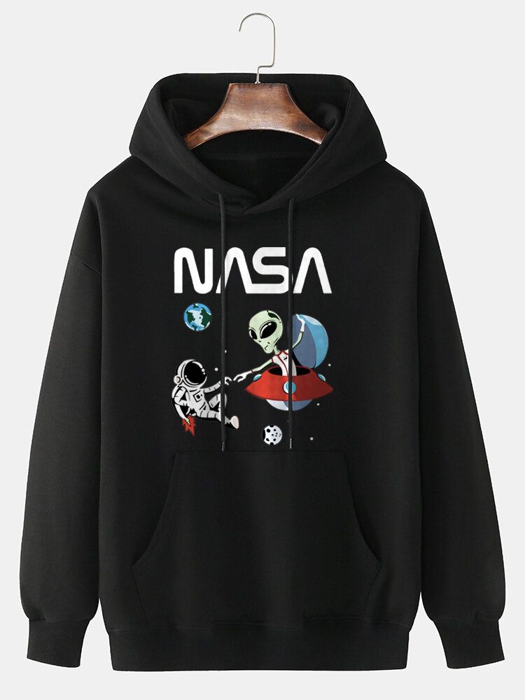 Astronaut Alien Tecknat Tryck För Män 100% Bomull Casual Lös Tröja Luvtröja