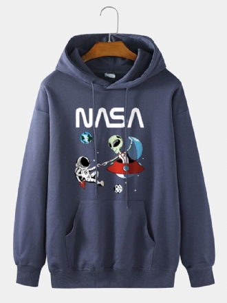 Astronaut Alien Tecknat Tryck För Män 100% Bomull Casual Lös Tröja Luvtröja