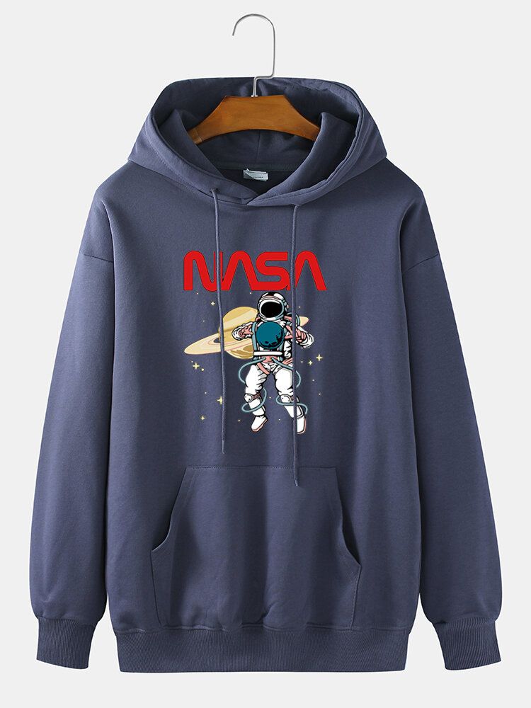 Astronaut För Män Med Tecknad Filmtryck I Bomull Med Dragsko Hoodie