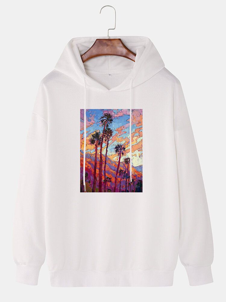 Coconut Tree Målning För Män Grafisk Cotton Drop Shoulder Huvtröjor