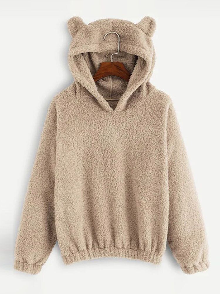 Cutie Casualsolid Color Fuzzy Ear Långärmad Patchwork Teddy Hoodies