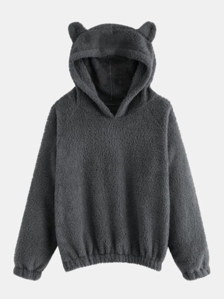 Cutie Casualsolid Color Fuzzy Ear Långärmad Patchwork Teddy Hoodies