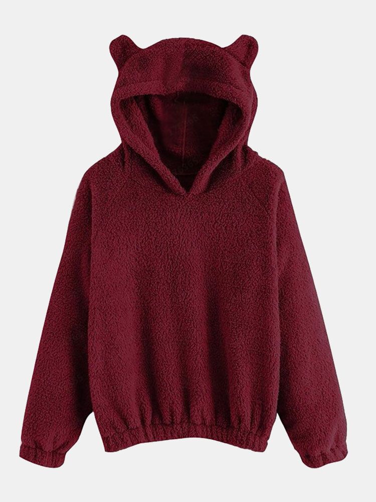 Cutie Casualsolid Color Fuzzy Ear Långärmad Patchwork Teddy Hoodies