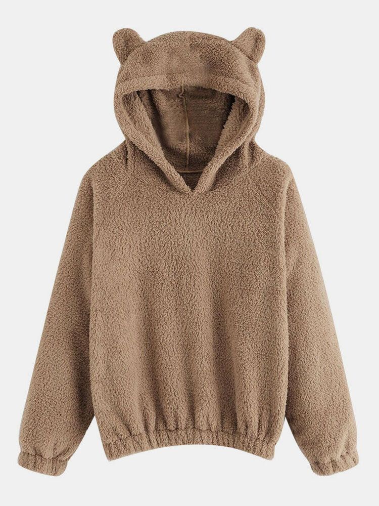 Cutie Casualsolid Color Fuzzy Ear Långärmad Patchwork Teddy Hoodies