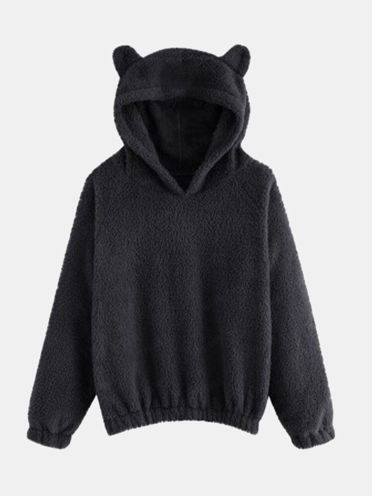 Cutie Casualsolid Color Fuzzy Ear Långärmad Patchwork Teddy Hoodies