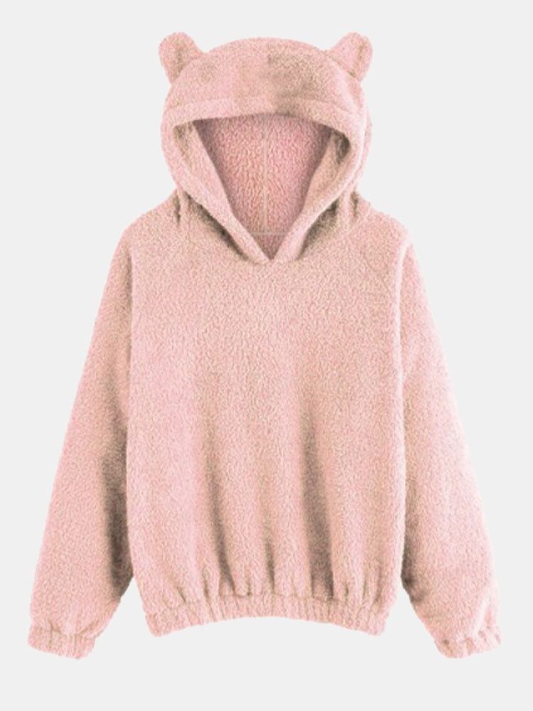 Cutie Casualsolid Color Fuzzy Ear Långärmad Patchwork Teddy Hoodies