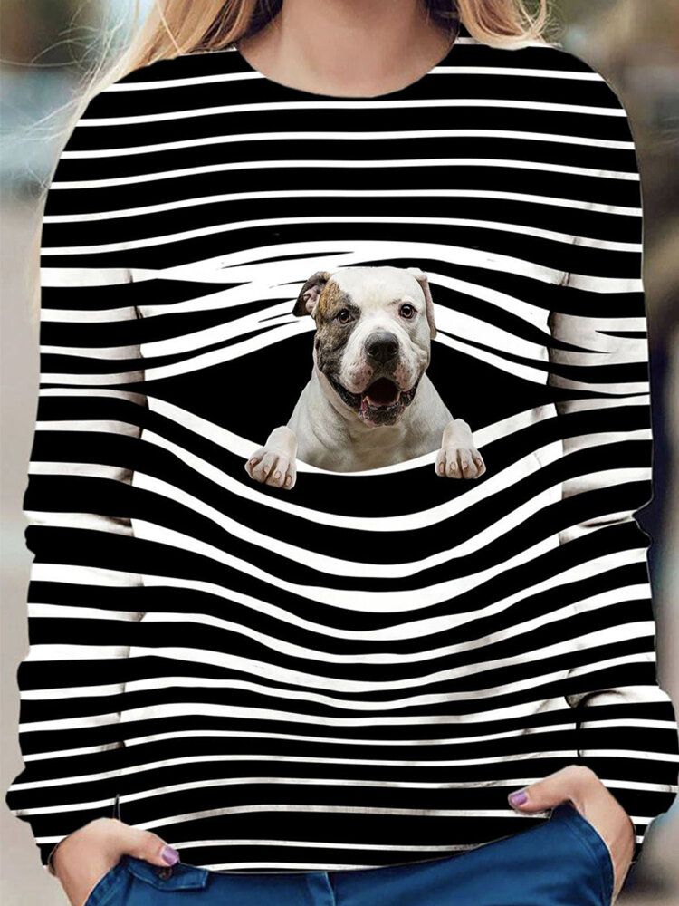 Dam 3d Dog Stripe Print O-ringad Tröja Casual Sweatshirts