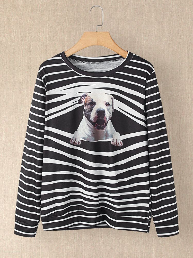 Dam 3d Dog Stripe Print O-ringad Tröja Casual Sweatshirts