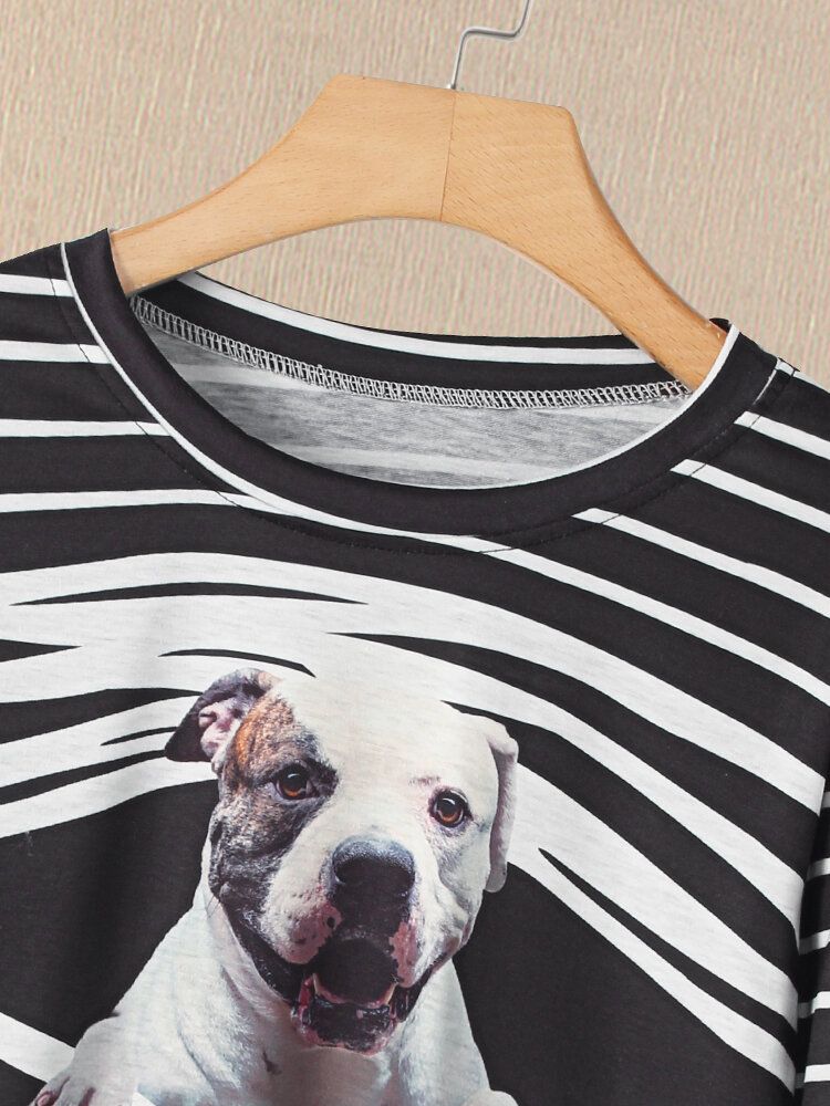 Dam 3d Dog Stripe Print O-ringad Tröja Casual Sweatshirts