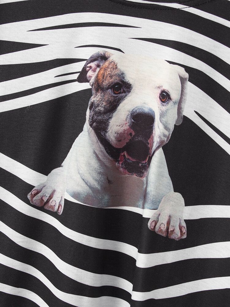 Dam 3d Dog Stripe Print O-ringad Tröja Casual Sweatshirts