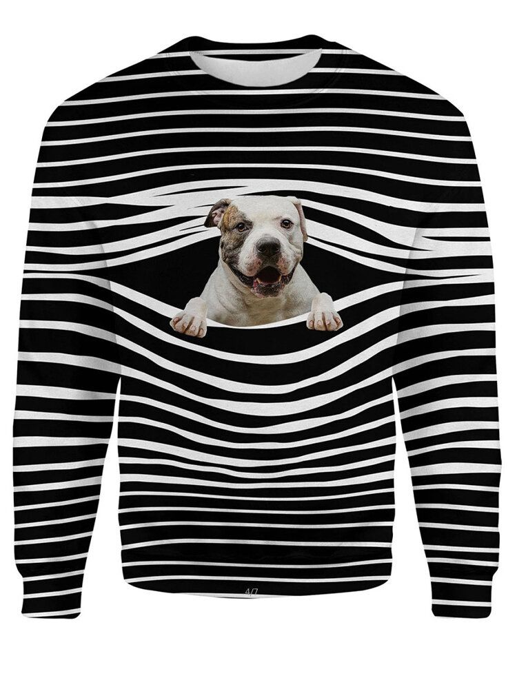 Dam 3d Dog Stripe Print O-ringad Tröja Casual Sweatshirts