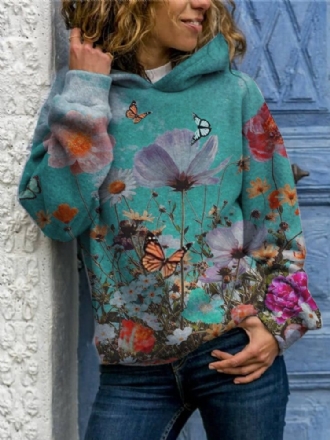 Dam Fjäril Blomma Print Långärmad Casual Pullover Hoodies