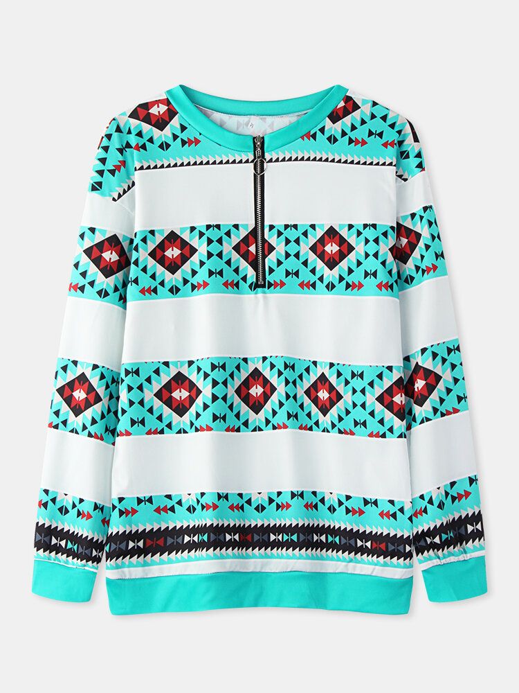 Dam Geometri Print Halv Dragkedja Front Pullover Etnisk Stil Sweatshirt