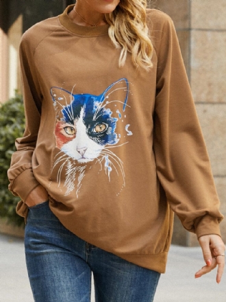 Dam Katttryck Enfärgad Rundhalsad Casual Lös Pullover Sweatshirt