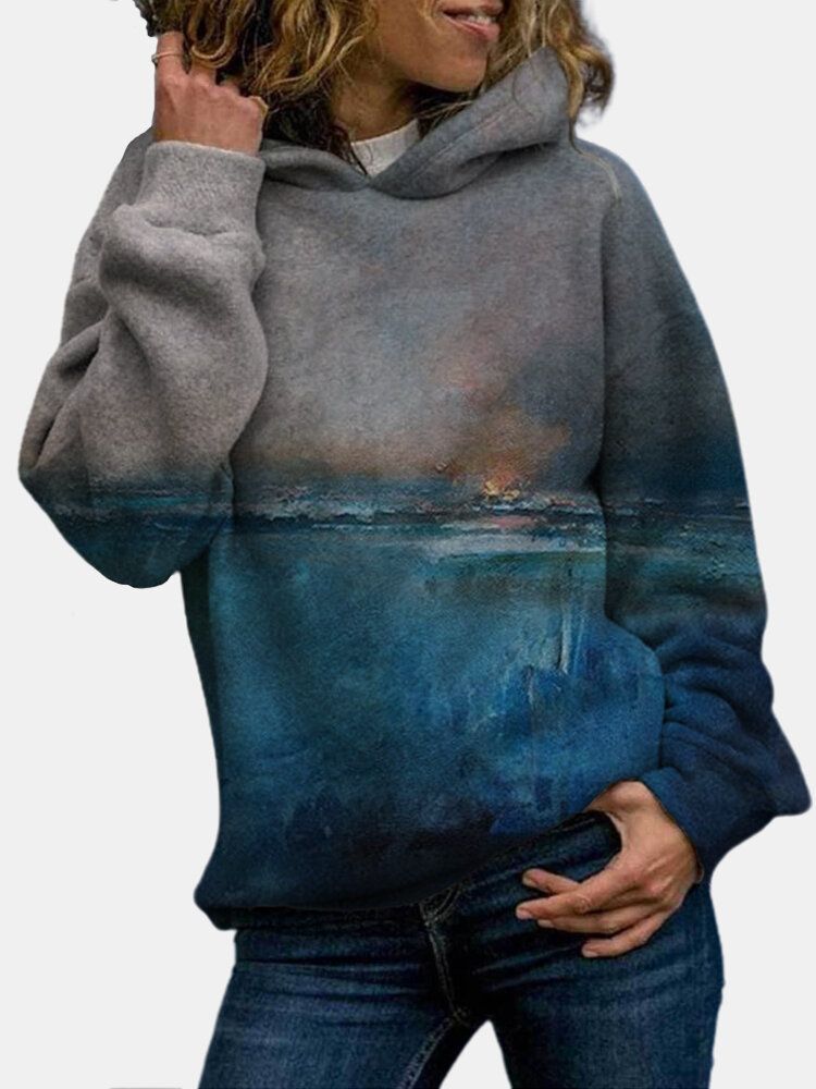 Dam Landskap Solnedgång Tryckt Normal Fit Långärmad Casual Hoodie