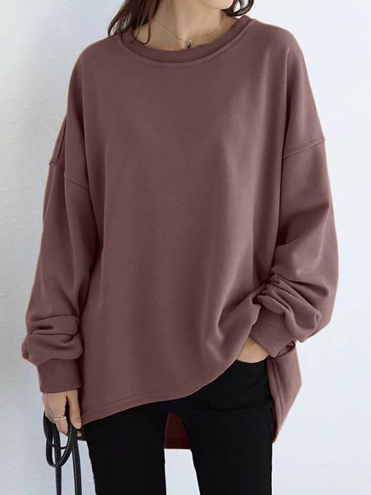 Dam Lös Tjock Rygggaffel Hög Låg Solid Casual Pullover Sweatshirt