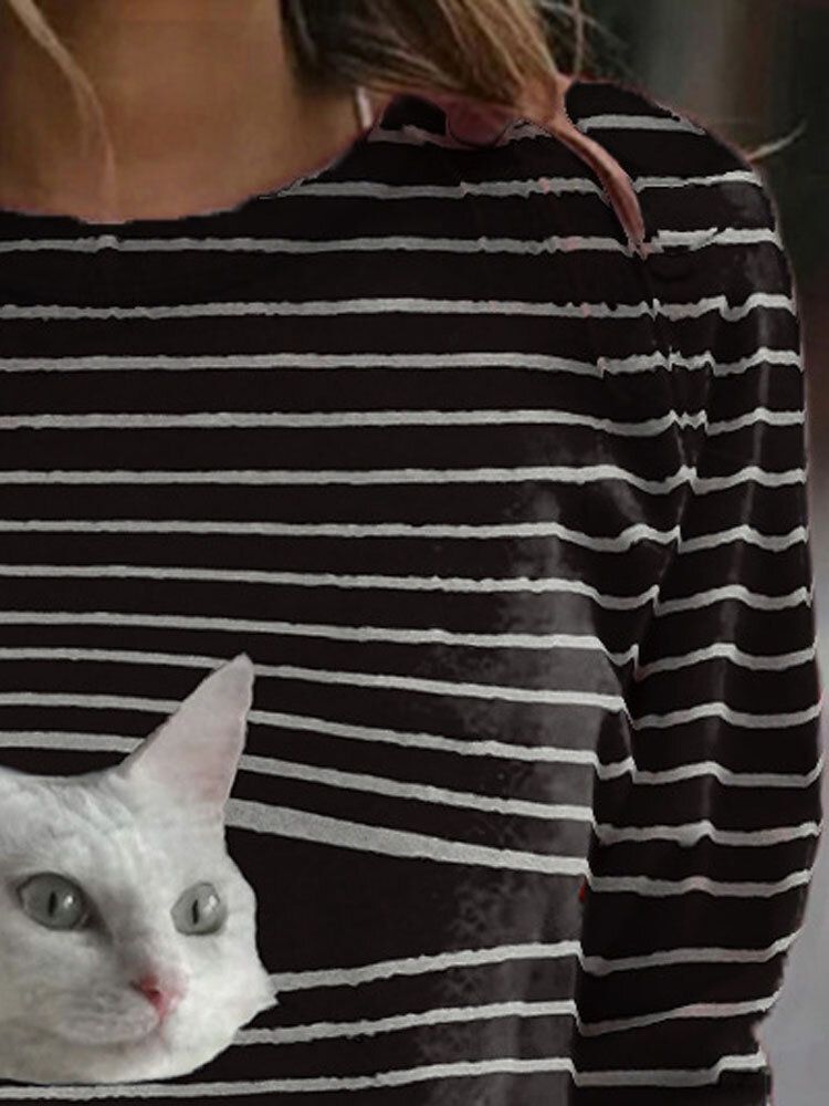 Dam Stripe Cat Print Pullover Black Casual Sweatshirts