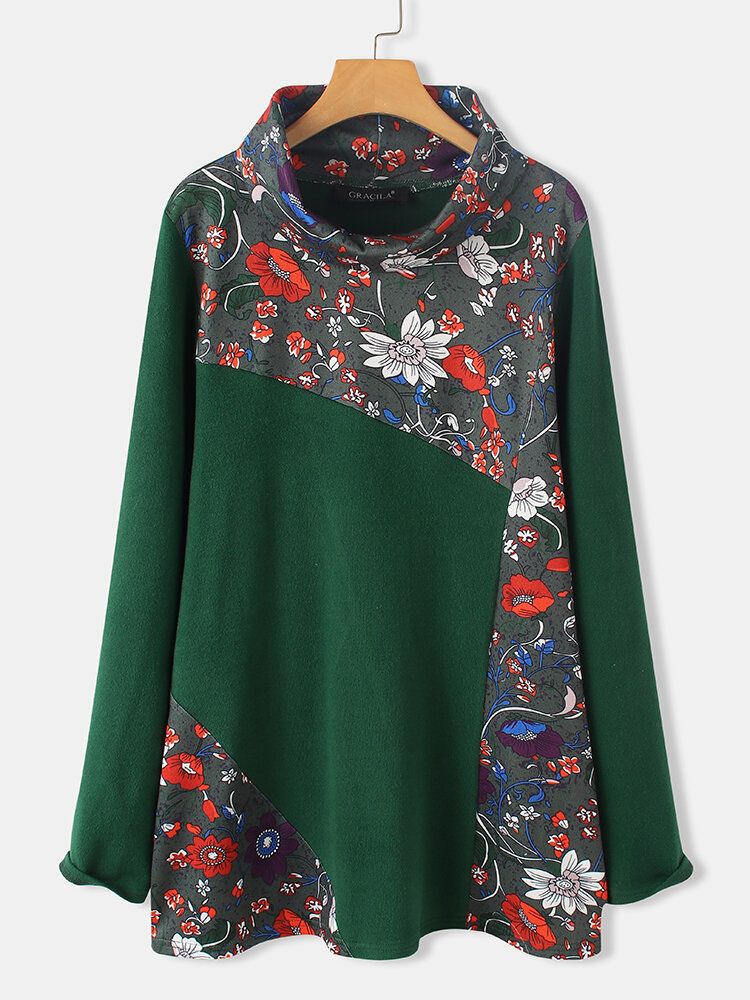 Dam Vintage Blommönster Patchwork Långärmad Turtleneck Sweatshirts