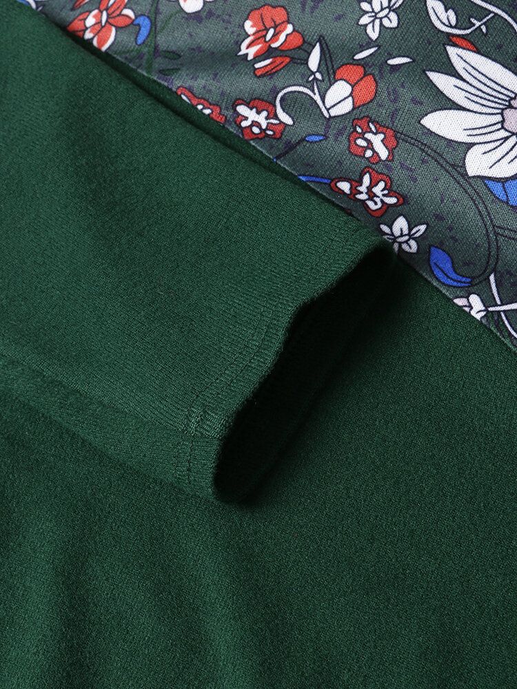 Dam Vintage Blommönster Patchwork Långärmad Turtleneck Sweatshirts