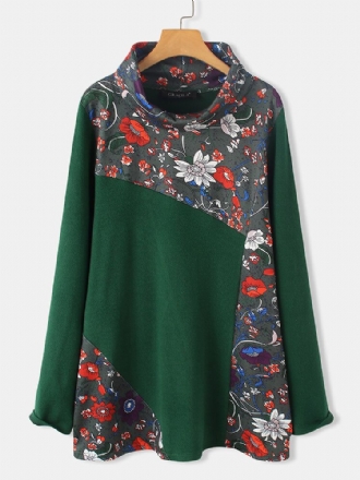 Dam Vintage Blommönster Patchwork Långärmad Turtleneck Sweatshirts