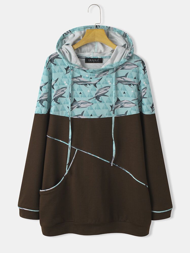 Damer Shark Print Patchwork Långärmad Casual Huvtröjor Med Dragsko