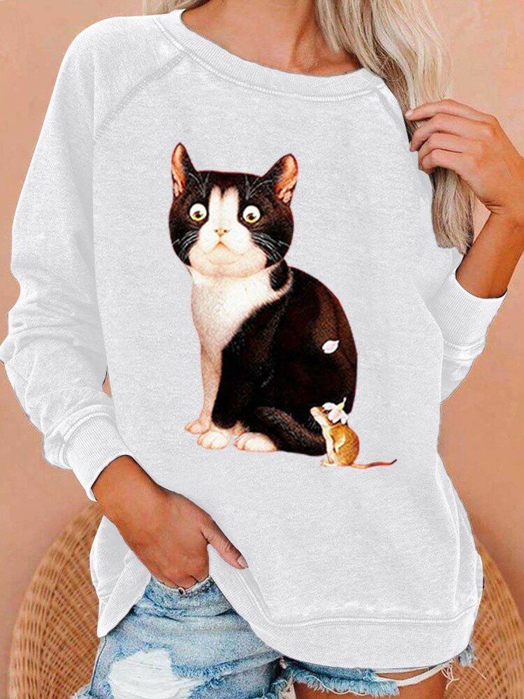 Damer Söt Katt Grafik Rundhalsad Casual Raglan Ärm Sweatshirts