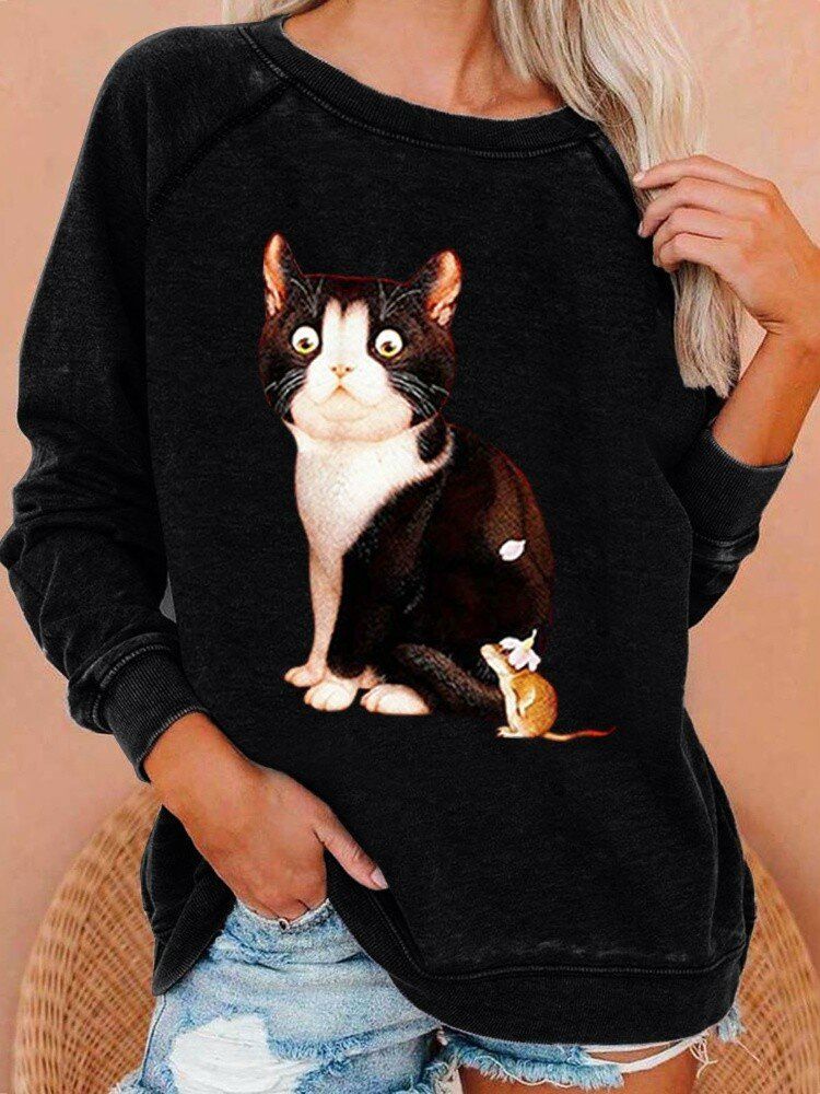 Damer Söt Katt Grafik Rundhalsad Casual Raglan Ärm Sweatshirts